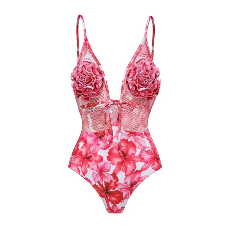 Deep V 3D Flower Decor Mesh Splicing Printed One Piece Swimsuit and Skirt
