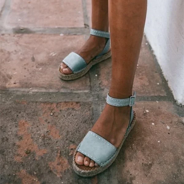 Light Blue Vegan Suede Platform Ankle Strap Flat Sandals |FSJ Shoes
