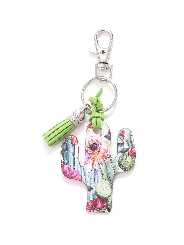 Classic Style Commute Cactus Printing Wood Bag Pendant Keychain