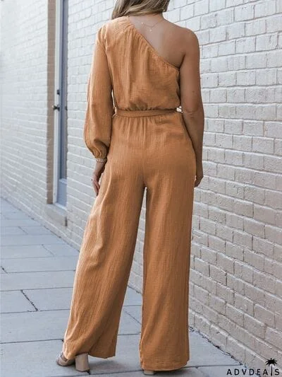 Texture Single Shoulder Tie-Waist Jumpsuit