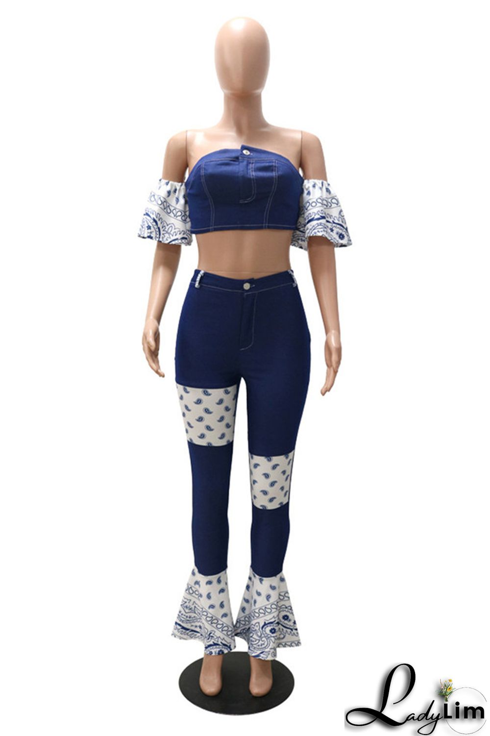 Dark Blue Sexy Casual Patchwork Backless Strapless Short Sleeve Two Pieces