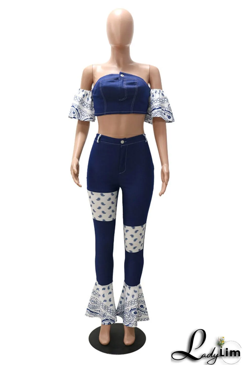 Dark Blue Sexy Casual Patchwork Backless Strapless Short Sleeve Two Pieces