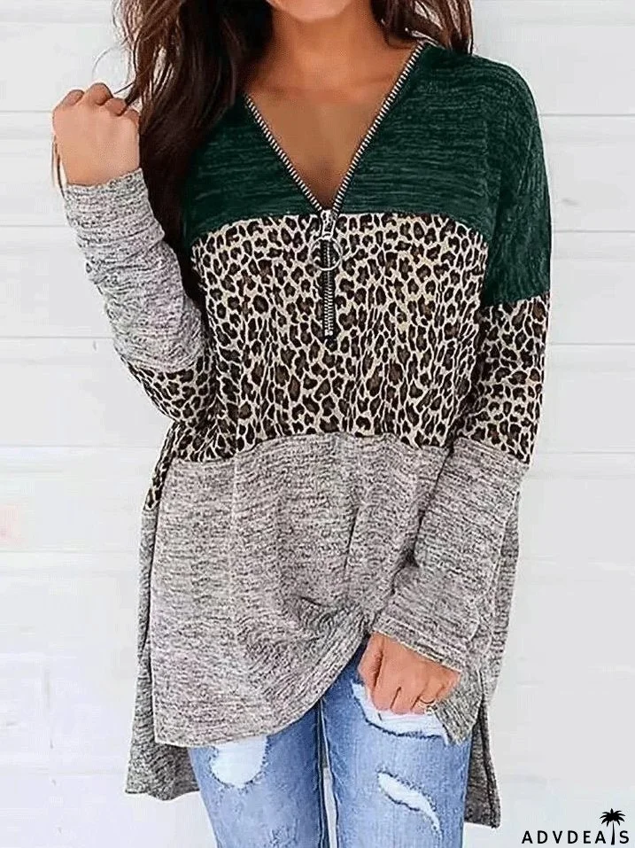 Women's T-Shirts V-Neck Zippered Leopard Print Stitching Long Sleeve T-Shirt