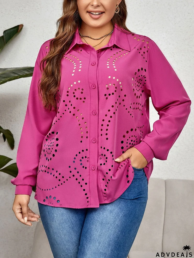 Plus Size Openwork Collared Neck Long Sleeve Shirt