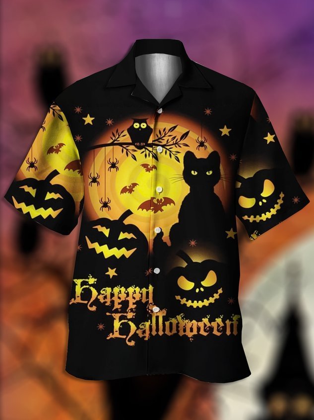 Retro Style Festival Series Halloween Pumpkin Spider Cat Element Pattern Lapel Short Sleeve Chest Pocket Shirt Printed Top