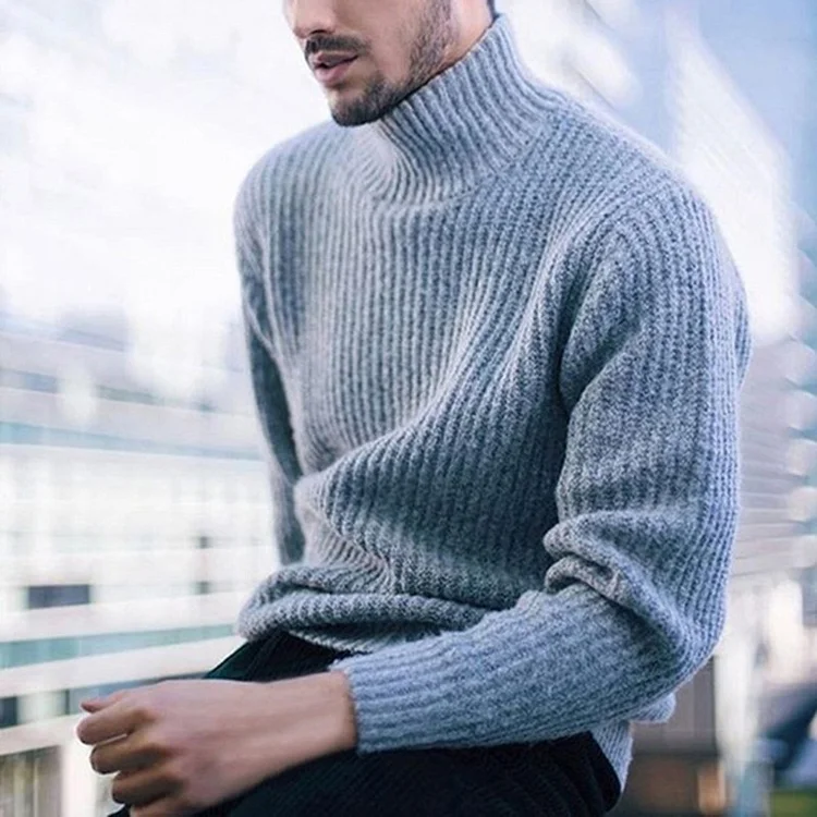 Men's Casual Daily Ribbed Knit High Neck Long Sleeve Solid Pullover Sweater