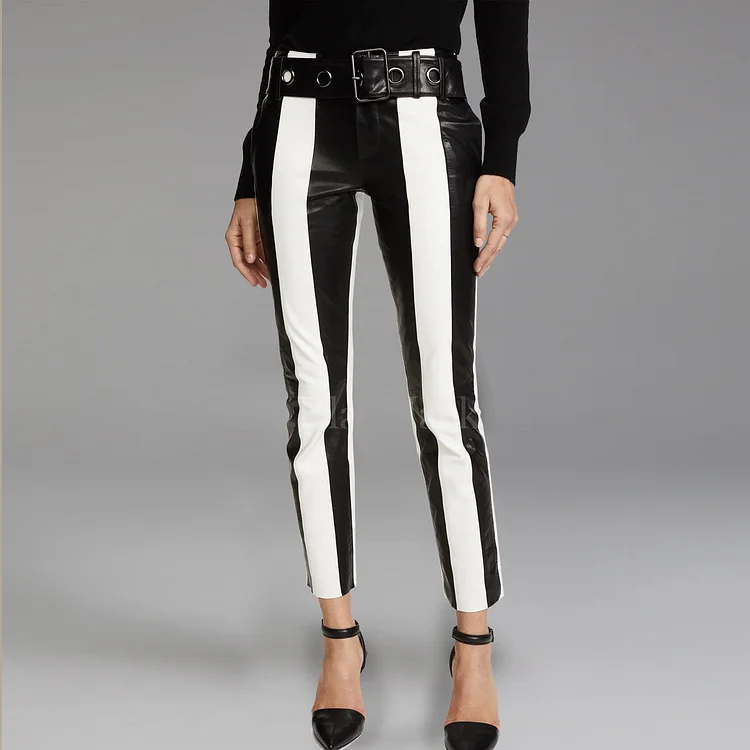 Fashion Contrast Striped PU Leather Crop Pants