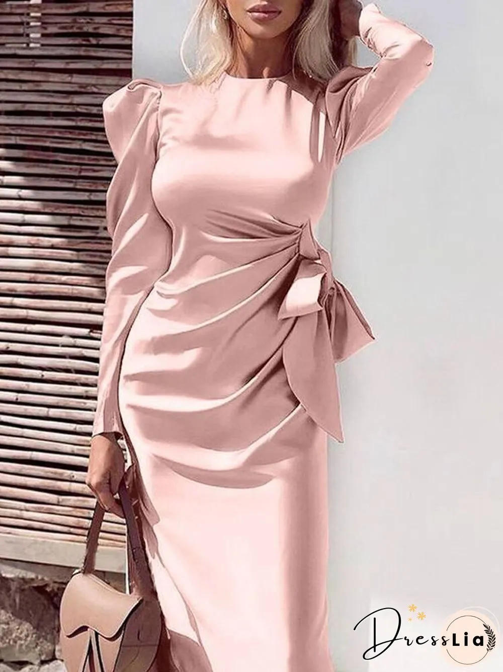 Elegant Bow Lace-up Draped Irregular Dress Office Sexy Slit Solid Long Dresses Women Fashion Long Sleeved Bodycon Dress Vestidos