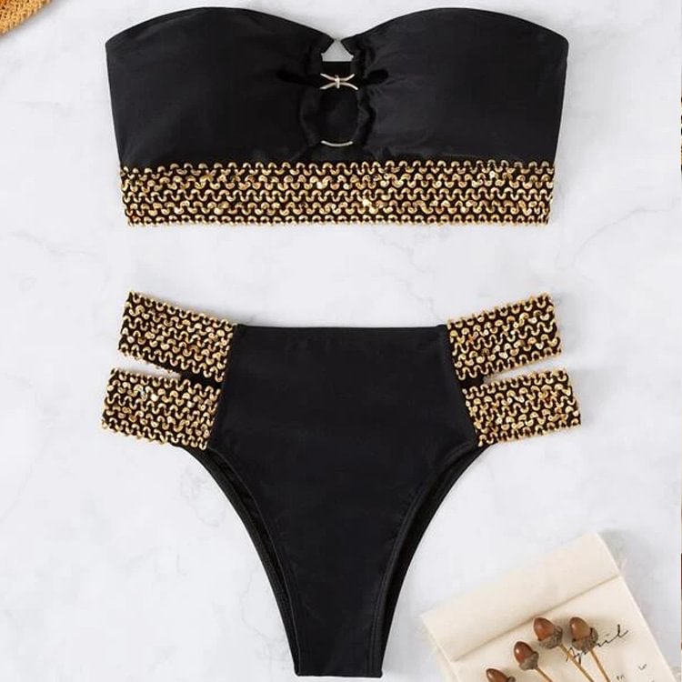 Flaxmaker Color Block Ring Linked Sexy Bandeau Black Bikini Swimsuit
