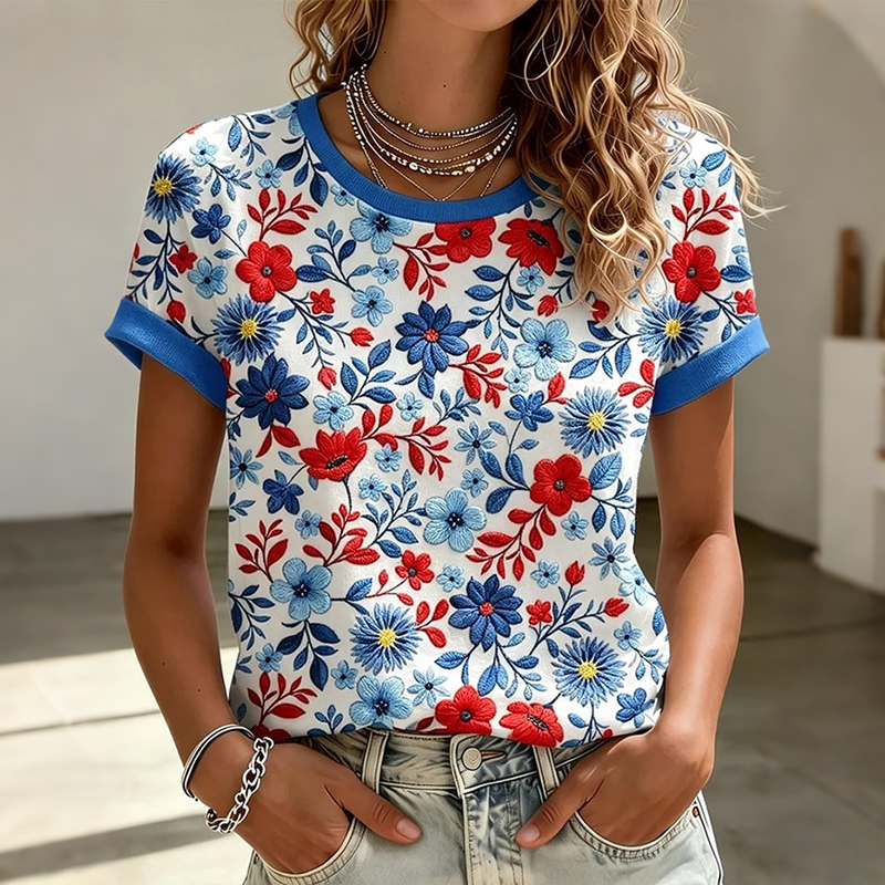  Vintage Floral Art Crew Neck Casual T Shirt Westsshops