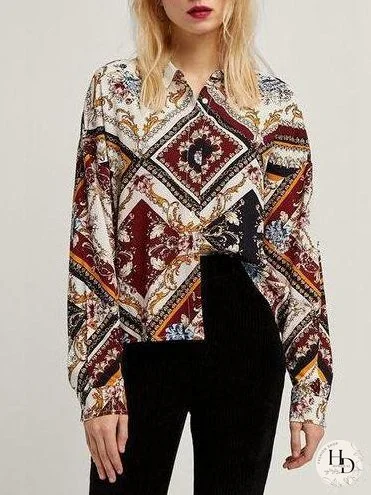 Printed Geometric Pattern Shirt Loose Stand Collar Top