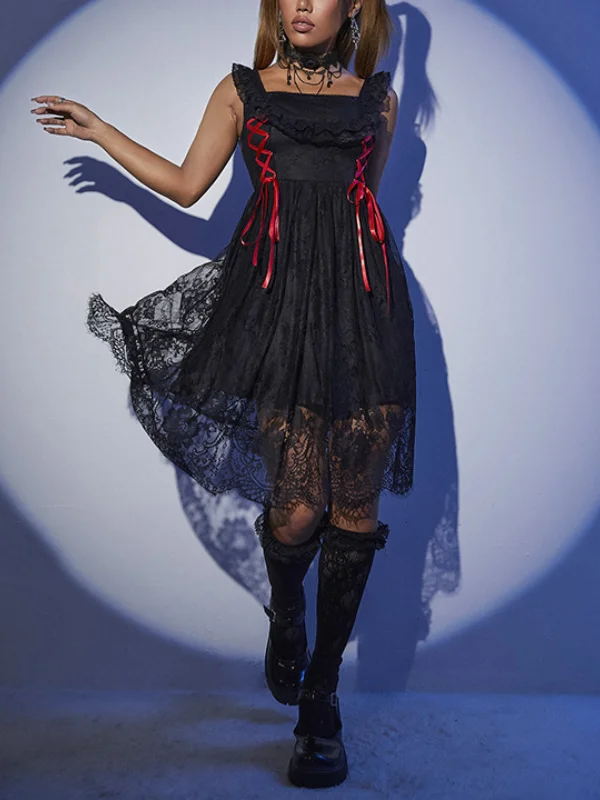 Gothic Dark Sleeveless Lace-up A-line Crew Neck Midi Dress