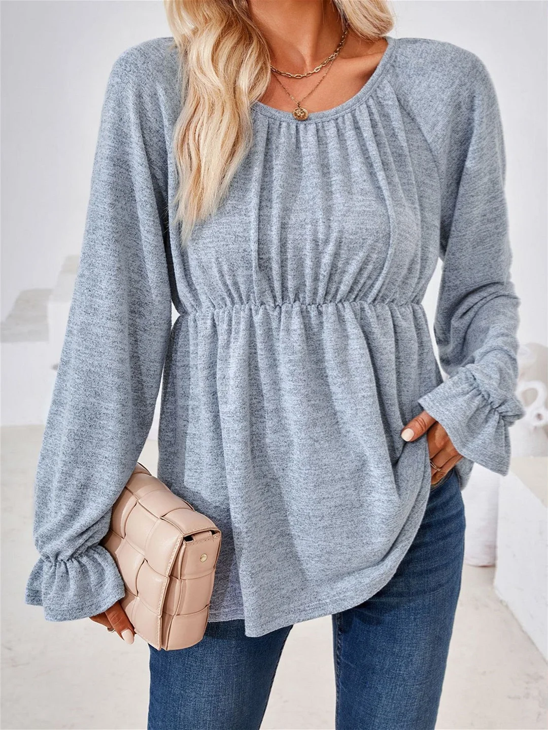 Women's Stitching Hollow Solid Color Scoop Neck Long Sleeve Coat