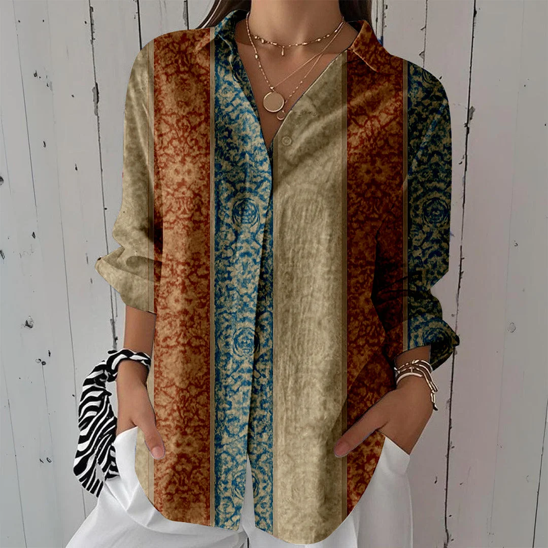 Style & Comfort for Mature Women Women Floral, Blue, Patchwork DZCL0036 3/4 Sleeve Shirt Collar Printed Button Tops
