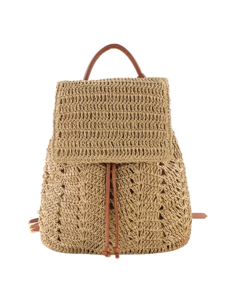 Fashion Straw Shoulders Backpack Hand-Woven Women Beach Holiday Bucket Bag