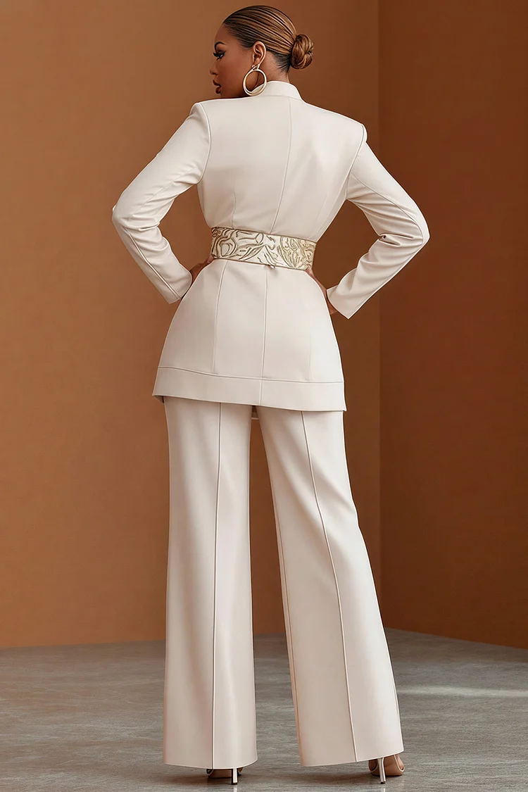 Xpluswear Design Plus Size Business Casual White Long Sleeve Elegant Two Piece Pant Sets (Without Belt) [Pre-Order]