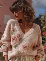 Vintage Boho Roses V Neck Cozy Knit Sweater