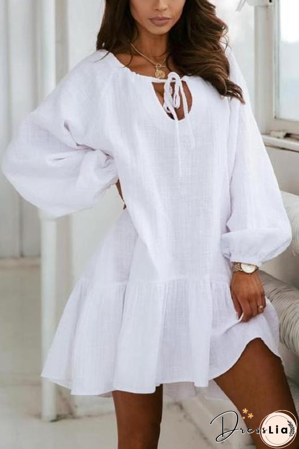 Linen Lace Up Puff Sleeve Mini Dress