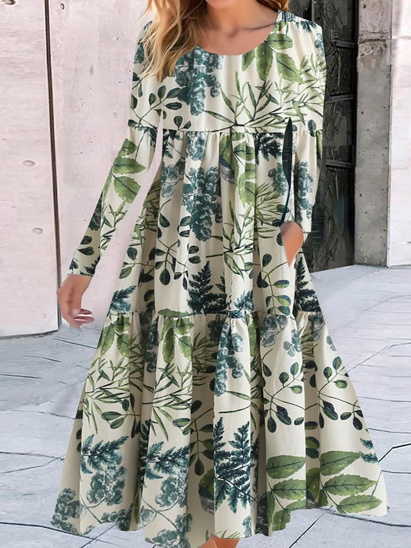 Women's Leaf Floral Printed Long Sleeve Scoop Neck Midi Dress