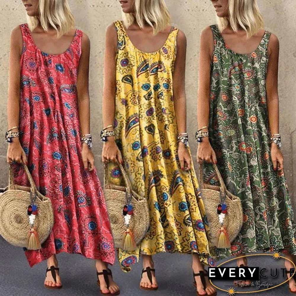 Summer Leisure Vacation Printing Sexy Round Neck Sleeveless Dress