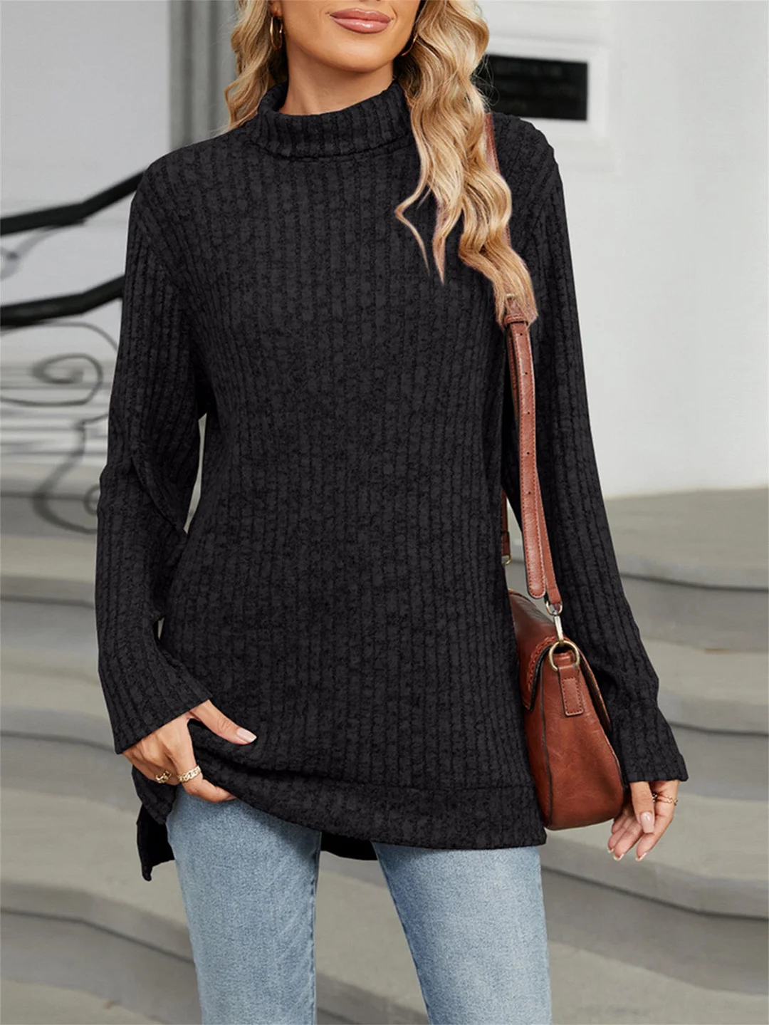 Women Long Sleeve Turtle Neck Solid Color Tops