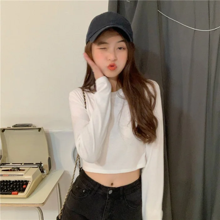 Brownm Brownm Long Sleeve White Bottom Shirt Korean Version Short Crop T-Shirt Female 2023 Autumn Decoration Body Show Thin Jacket Tide