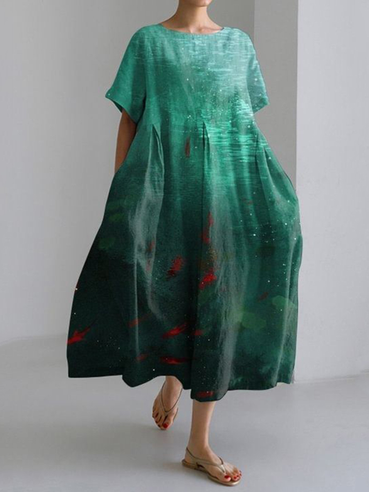 Comstylish Fish Art Print Round Neck Short Sleeve Casual Midi Dress