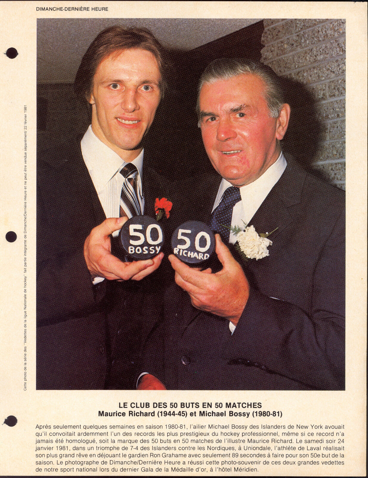 1981 MIKE BOSSY & MAURICE RICHARD 50 goals pack 8X11 Photo Poster painting French Magazine