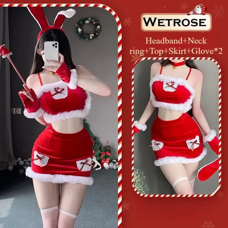 [Wetrose] In Stock Christmas Bunny Santa Red Velvet Top Skirt Set with Ear Headband Party Outfit Cosplay Costume Xmas