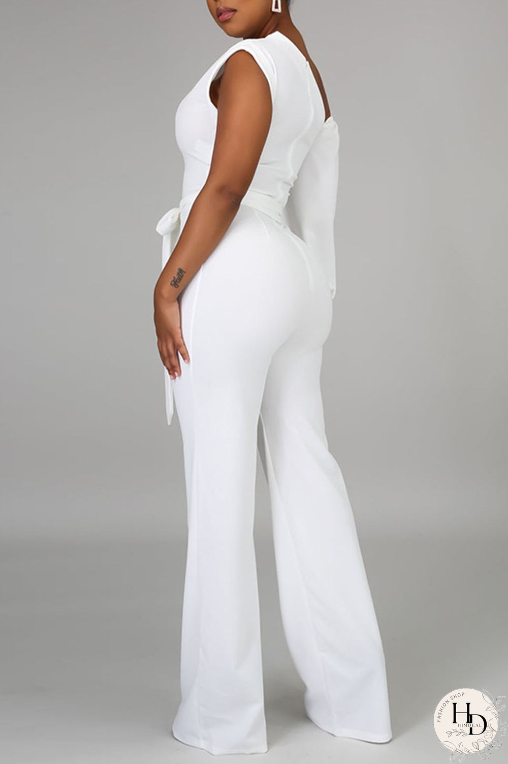 White Fashion Casual Solid Patchwork Asymmetrical Asymmetrical Collar Straight Jumpsuits