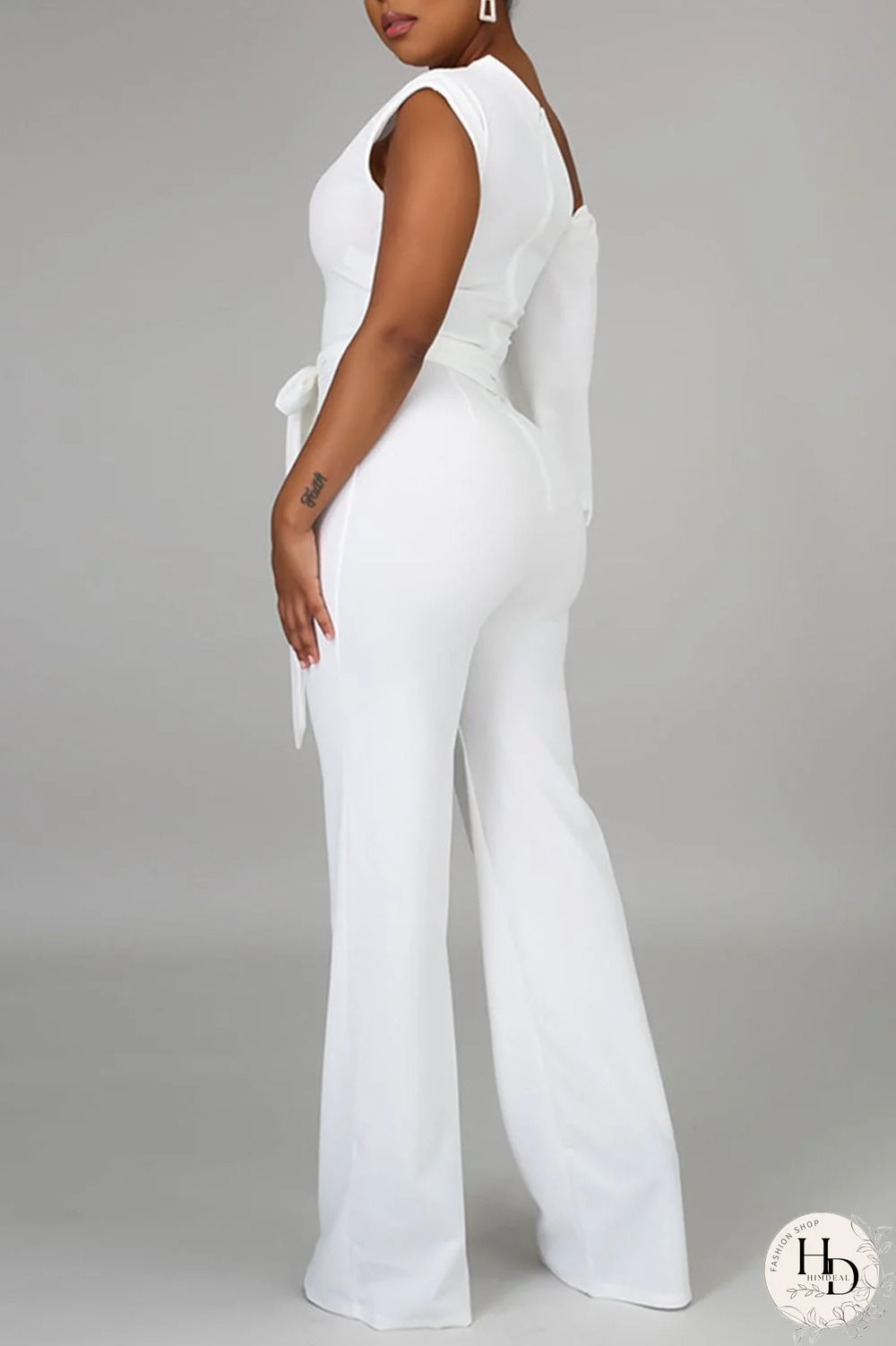 White Fashion Casual Solid Patchwork Asymmetrical Asymmetrical Collar Straight Jumpsuits
