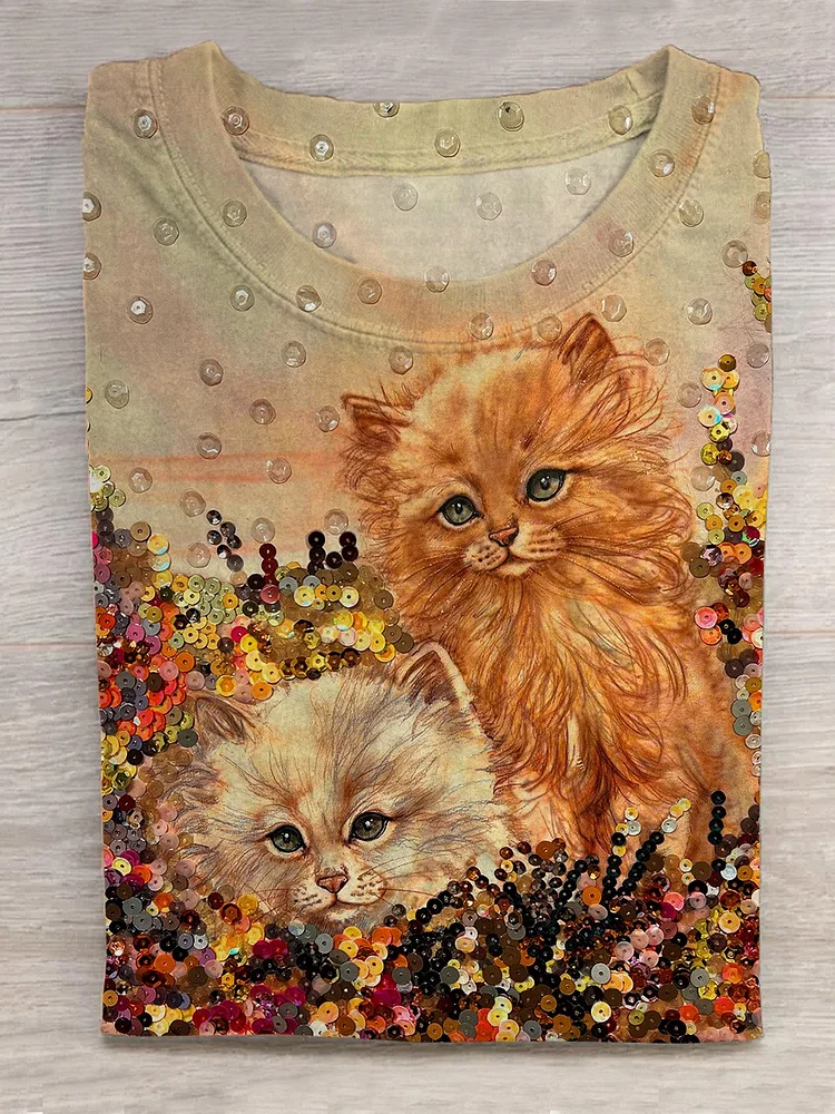 Retro Cat  Art  Print Casual T-Shirt