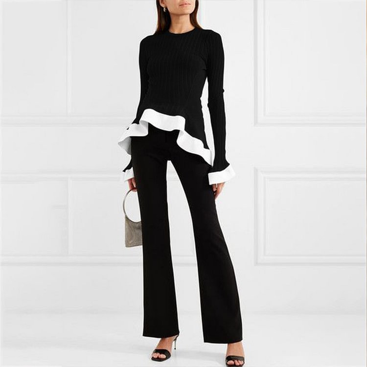 Casual Commuter Color Matching Long-Sleeved Top And Trousers Set