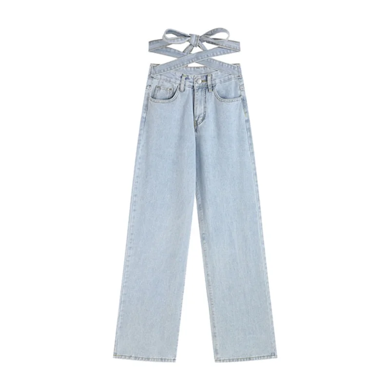 Women&#39;s Blue Jeans Cross Lacing Wide Leg Pants High Waist Vintage Baggy Straight Denim Trouser Designer Women Fashion Streetwear