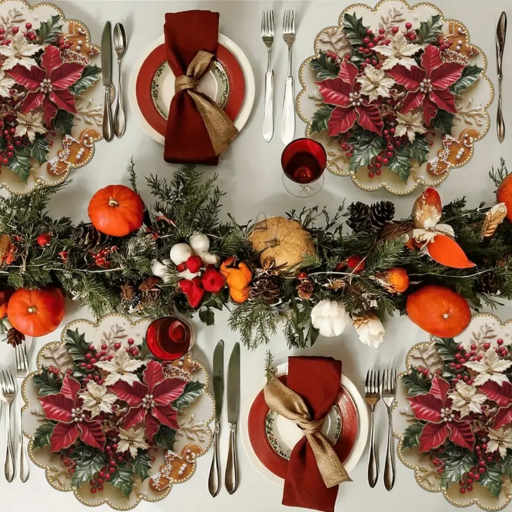Tegooe 4PCS Non-Slip Heat Resistant Christmas Placemats - Festive Kitchen Table Decor