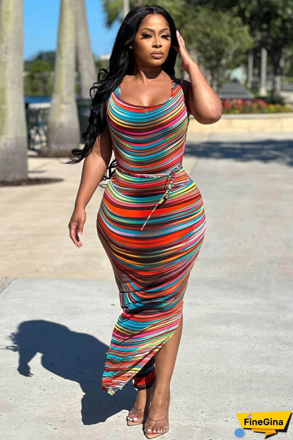 Round Neck Straps Tied Up Cutout Striped Print Slit Bodycon Maxi Dresses