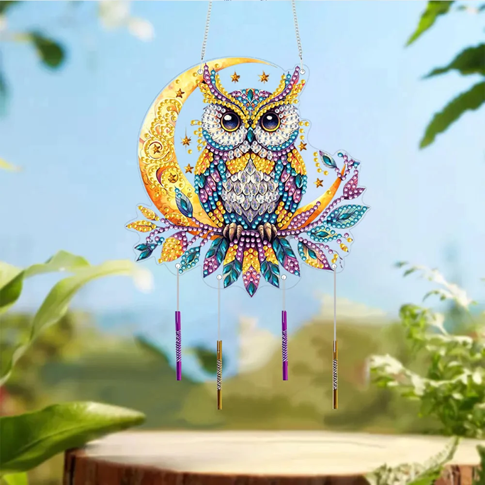 DIY Owl Double Sided Acrylic Special Shape Diamond Painting Wind Chime