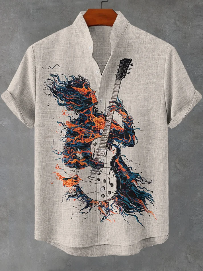 Men's Abstract Guitar Player Illustration Print Short Sleeve Shirt