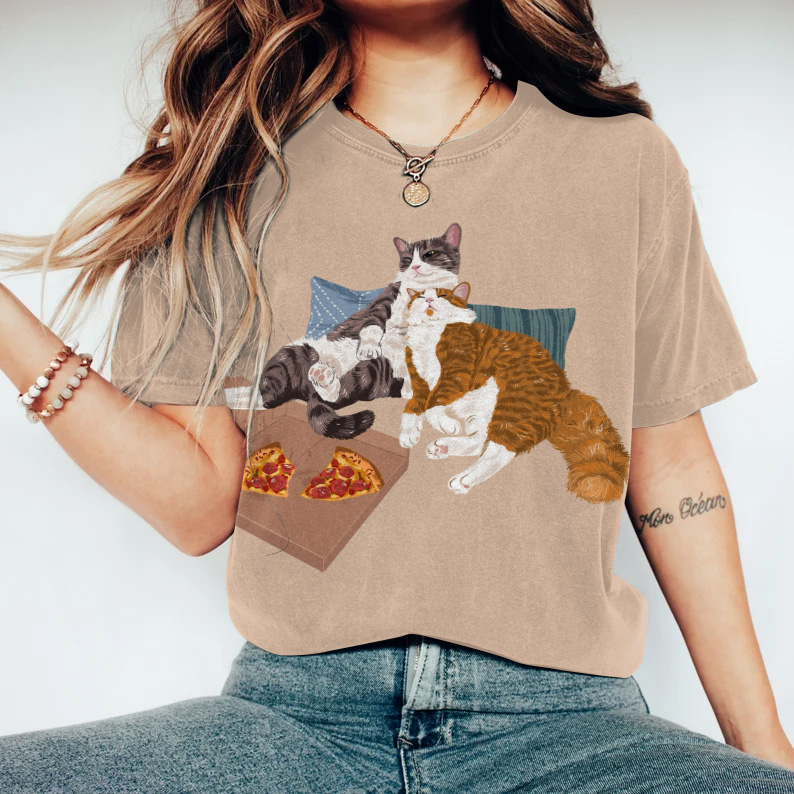 Comstylish Cat Print Round Neck Short Sleeve T-Shirt