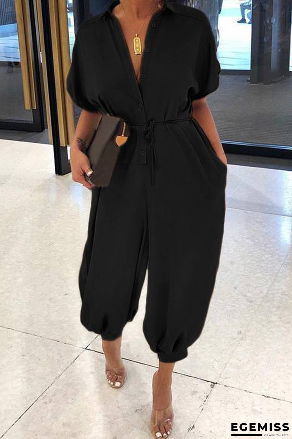 Black Fashion Solid Patchwork V Neck Harlan Jumpsuits | EGEMISS