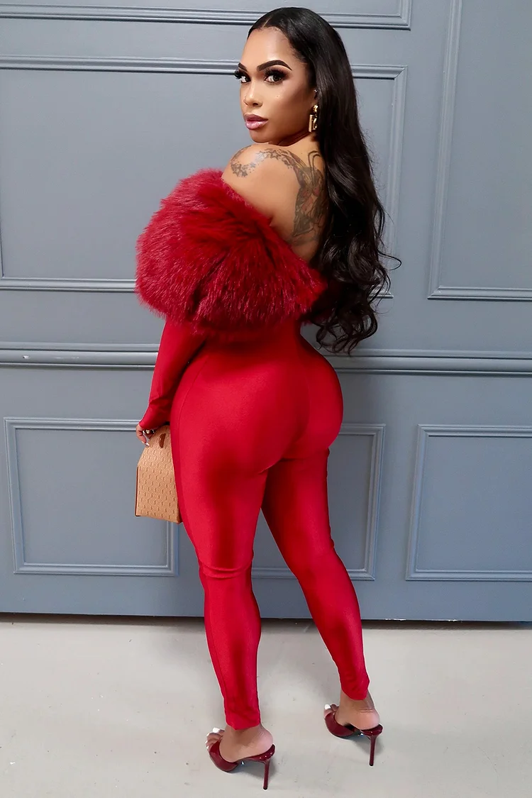 Faux Fur Patchwork Cutout Long Sleeve Bodycon Party Jumpsuit-Red [Pre Order]