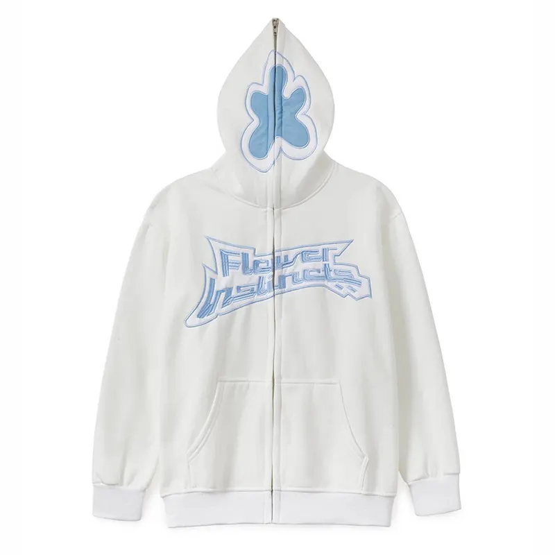 Y2k Oversized Flower Embroidery Pattern Loose Sweatshirt Zipper Hoodie