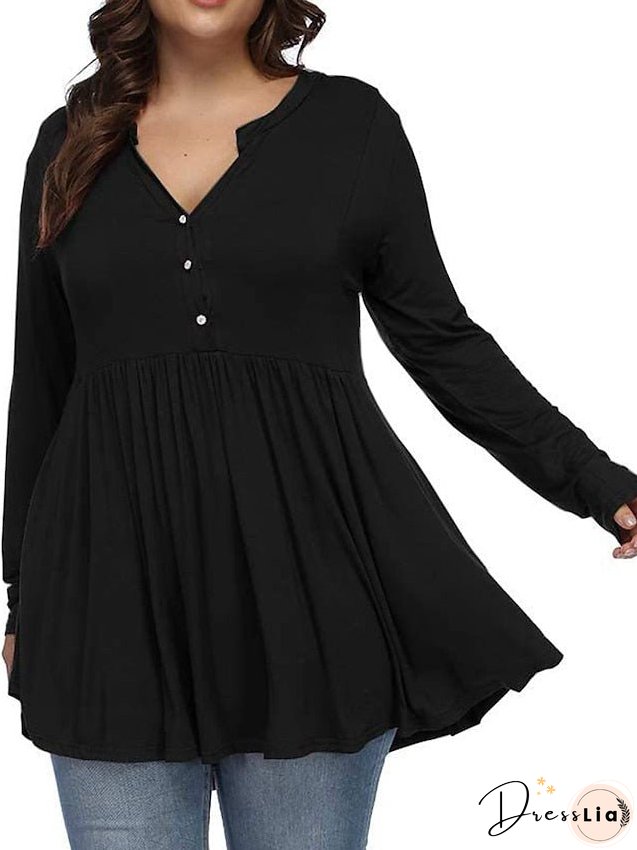 T shirt Tee Light Blue claret Deep Purple Plain Button Flowing tunic Long Sleeve Daily Weekend Basic V Neck Long Plus Size L for Women