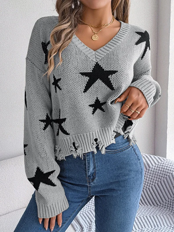 Long Sleeves Loose Contrast Color Fringed Split-Joint V-Neck Sweater Tops