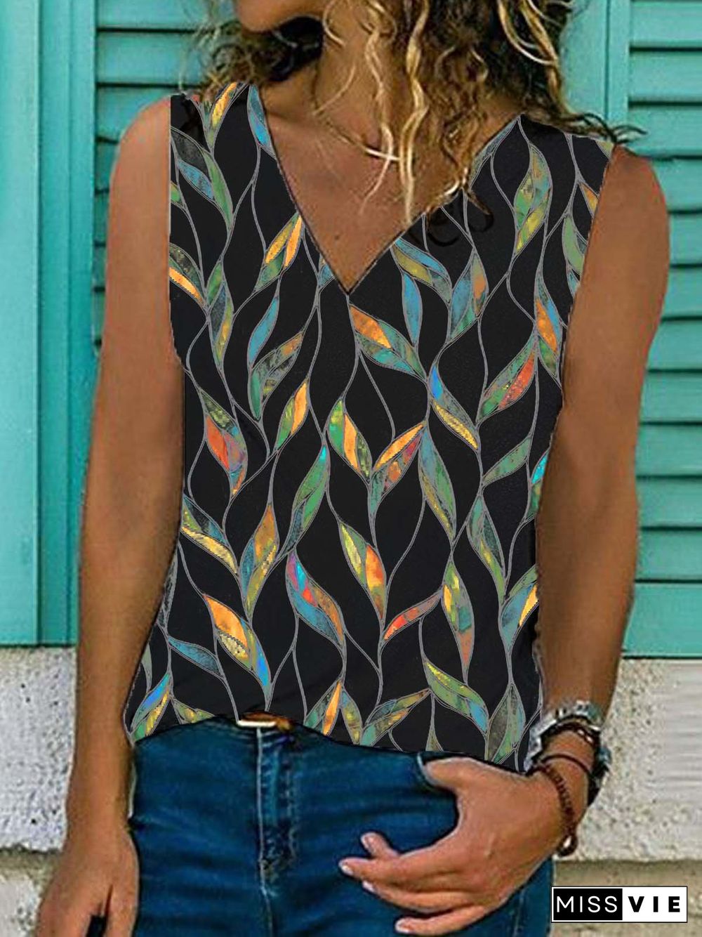 Geometric Sleeveless Printed Cotton-blend V neck Vintage Summer Black Top
