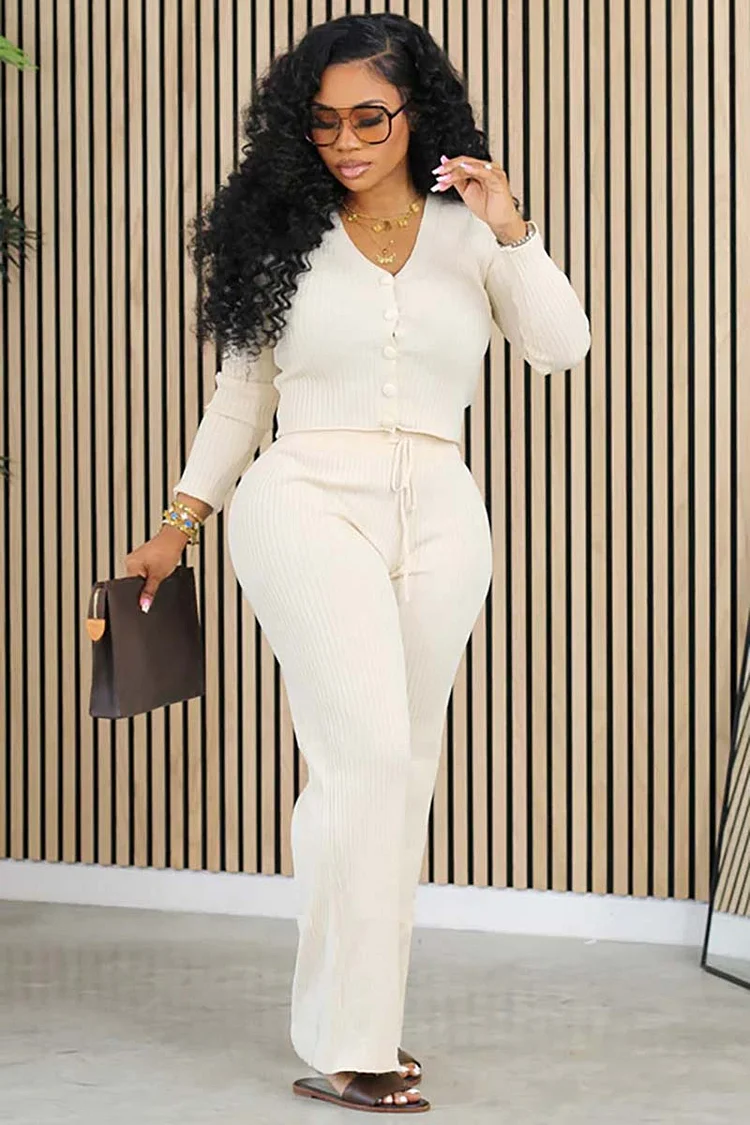 Pleated Knit V Neck Button Up Long Sleeve Crop Top Straight Leg Pants Matching Set-White