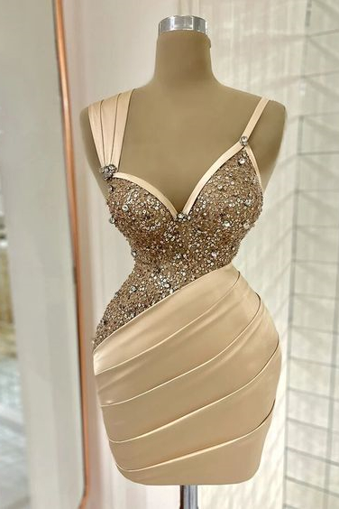 Bellasprom Champagne Sleeveless Sweetheart Short Prom Dress With Sequins Beads Bellasprom