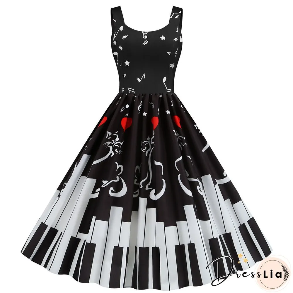 Sweet Heart Print Swing Vintage Women Summer Dress Sexy Halter Retro Rockabilly Rave Party