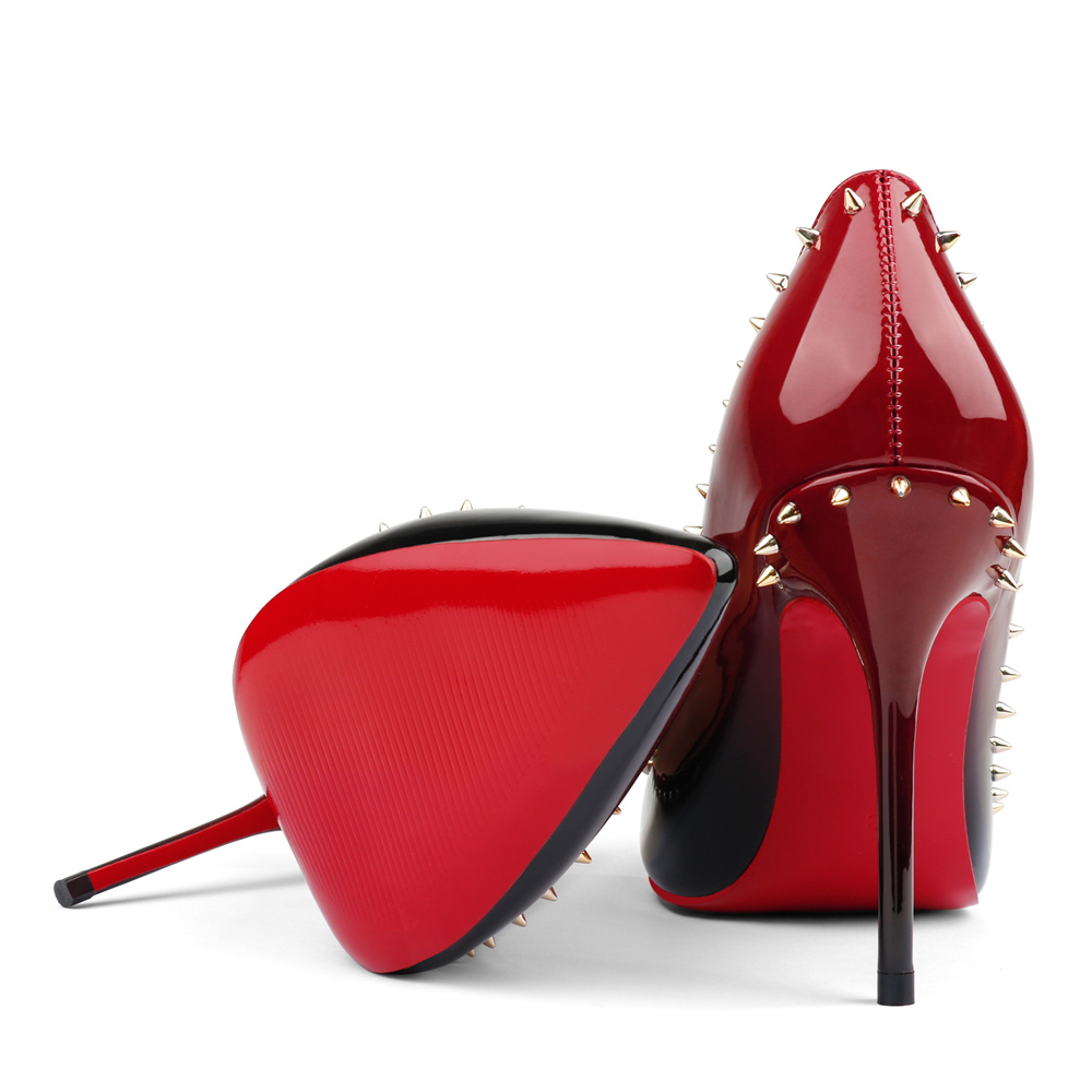 100mm Women's Red Bottom Pointed Toe Rivet Gradient High Heels Party Daily Wedding Patent Pumps-MERUMOTE