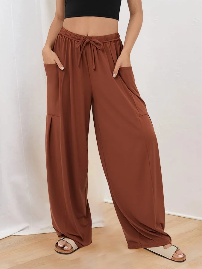 Women's Casual Elastic Waist Pleated High Waist Wide Leg Pants